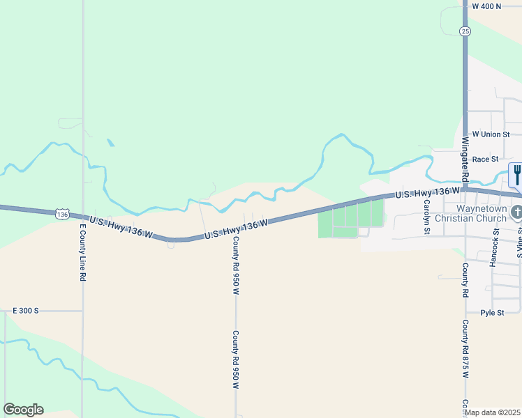 map of restaurants, bars, coffee shops, grocery stores, and more near 9406 U.S. Highway 136 West in Waynetown