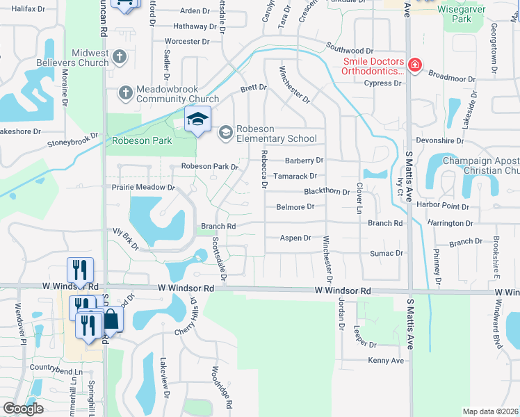 map of restaurants, bars, coffee shops, grocery stores, and more near 2209 Rebecca Drive in Champaign
