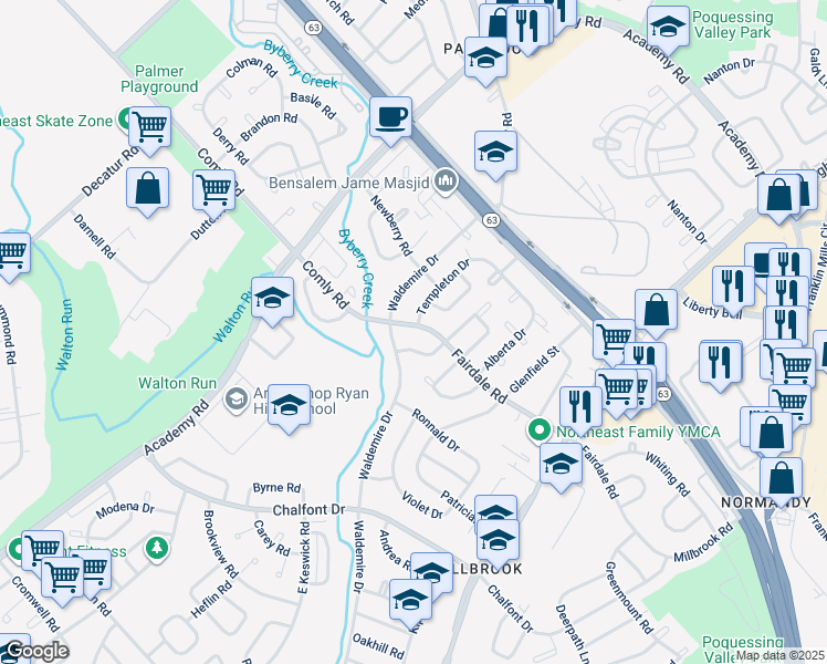 map of restaurants, bars, coffee shops, grocery stores, and more near 3810 Fairdale Road in Philadelphia
