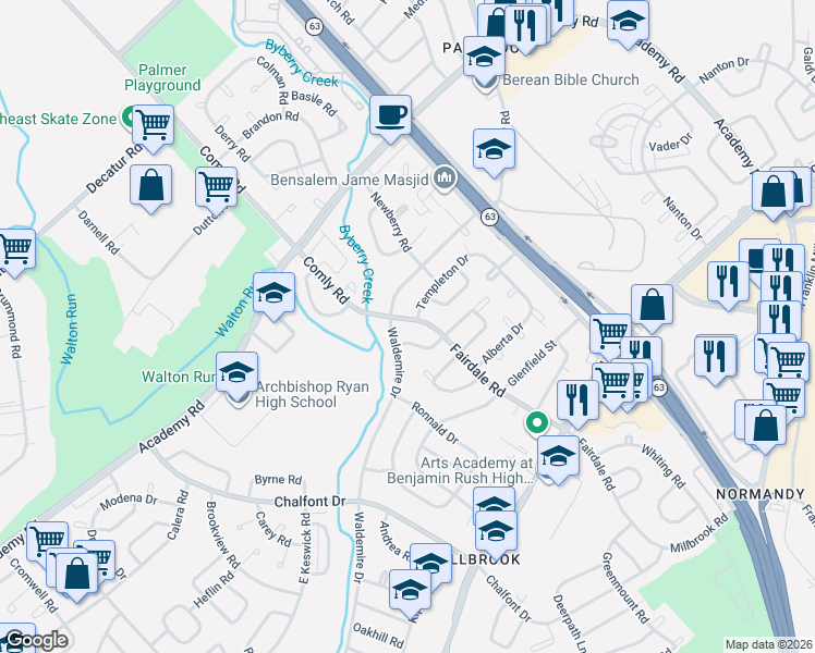 map of restaurants, bars, coffee shops, grocery stores, and more near 11817 Waldemire Drive in Philadelphia