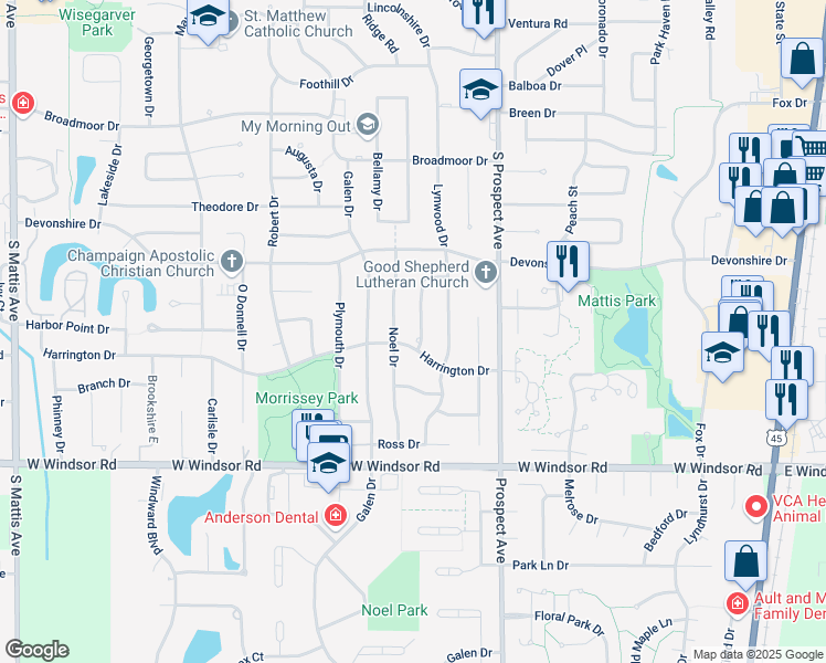 map of restaurants, bars, coffee shops, grocery stores, and more near 1014 Harrington Drive in Champaign