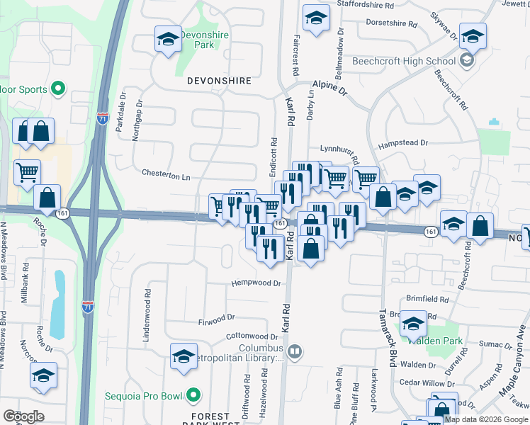 map of restaurants, bars, coffee shops, grocery stores, and more near 1550 East Dublin Granville Road in Columbus