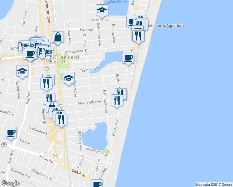 map of restaurants, bars, coffee shops, grocery stores, and more near 104 New Jersey Avenue in Point Pleasant Beach