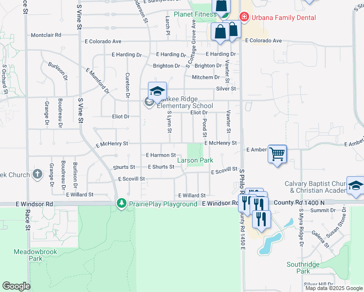 map of restaurants, bars, coffee shops, grocery stores, and more near 1101 East McHenry Street in Urbana