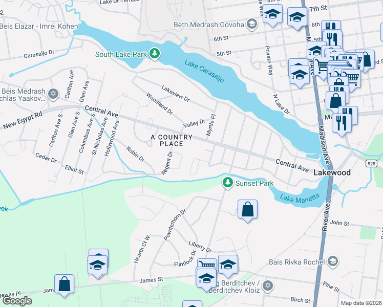 map of restaurants, bars, coffee shops, grocery stores, and more near 135 Regent Place in Lakewood