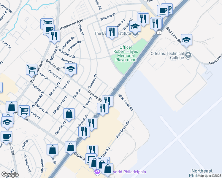 map of restaurants, bars, coffee shops, grocery stores, and more near 9790 Roosevelt Boulevard in Philadelphia