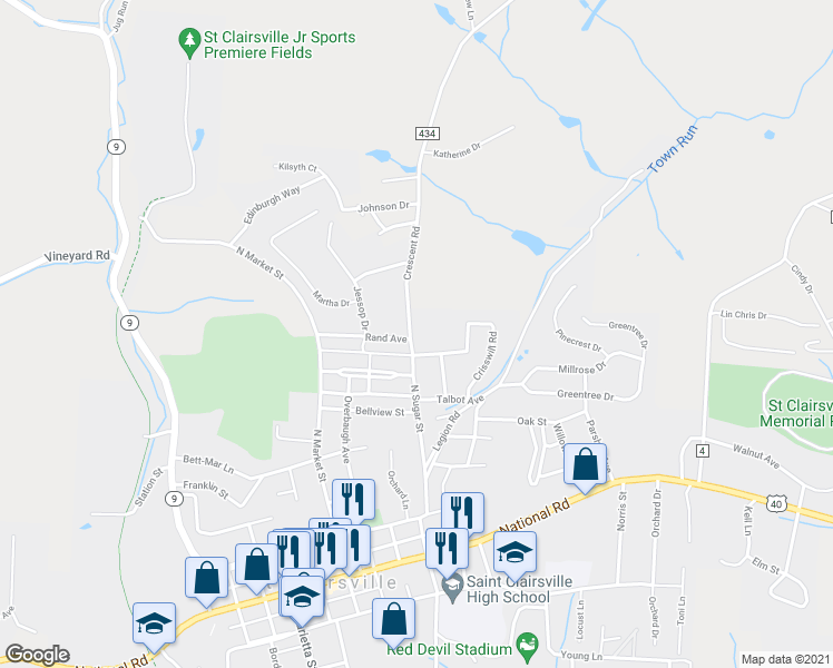 map of restaurants, bars, coffee shops, grocery stores, and more near 169 North Sugar Street in Saint Clairsville