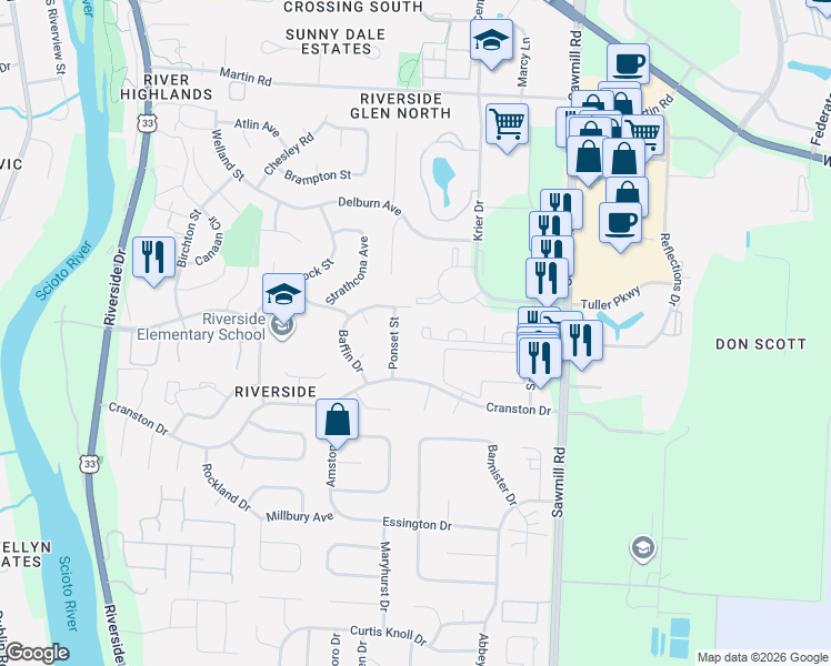 map of restaurants, bars, coffee shops, grocery stores, and more near 6504 Ponset Street in Dublin