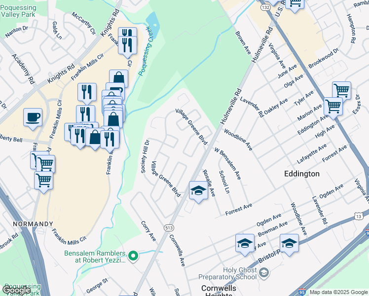 map of restaurants, bars, coffee shops, grocery stores, and more near 2446 New Market Square South in Bensalem