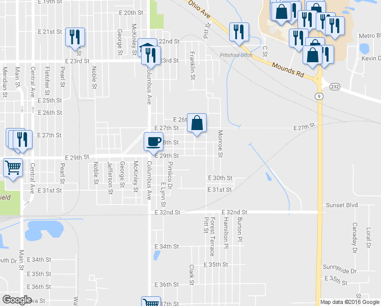 map of restaurants, bars, coffee shops, grocery stores, and more near 1234 East 29th Street in Anderson