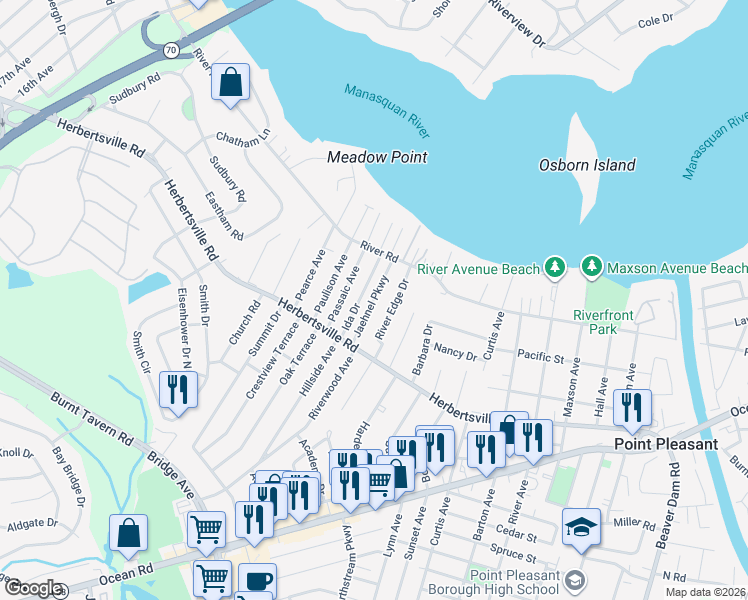 map of restaurants, bars, coffee shops, grocery stores, and more near 218 Jaehnel Parkway in Point Pleasant