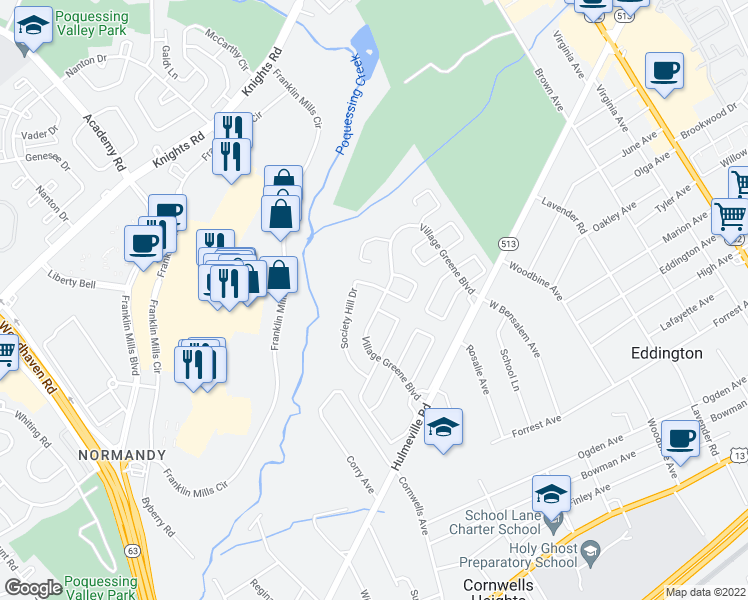 map of restaurants, bars, coffee shops, grocery stores, and more near 1484 Village Greene Boulevard in Bensalem