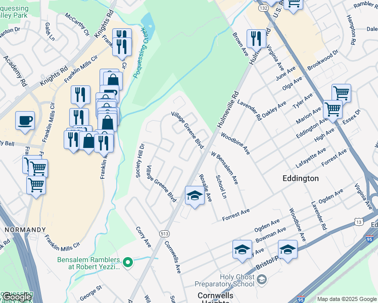 map of restaurants, bars, coffee shops, grocery stores, and more near 2429 New Market Square South in Bensalem