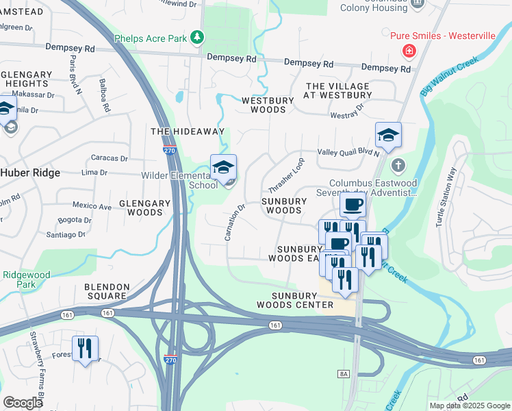 map of restaurants, bars, coffee shops, grocery stores, and more near 4175 Carnation Drive in Westerville