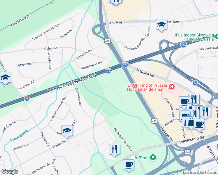map of restaurants, bars, coffee shops, grocery stores, and more near 286 Drummers Lane in Wayne