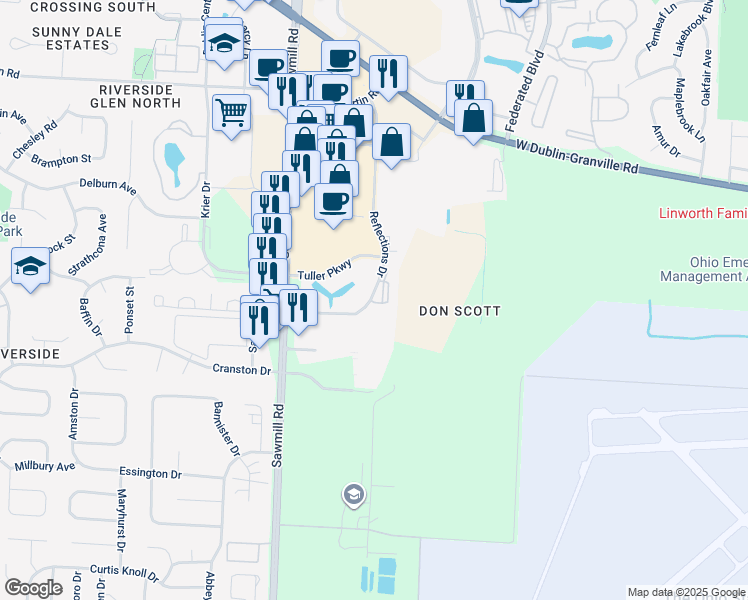 map of restaurants, bars, coffee shops, grocery stores, and more near 6428 Reflections Drive in Dublin