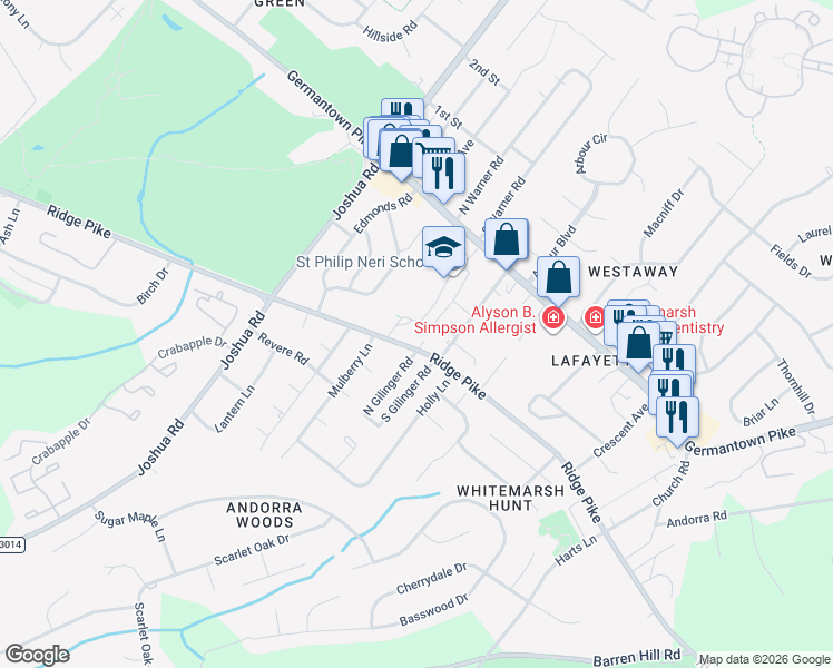 map of restaurants, bars, coffee shops, grocery stores, and more near 439 Ridge Pike in Lafayette Hill