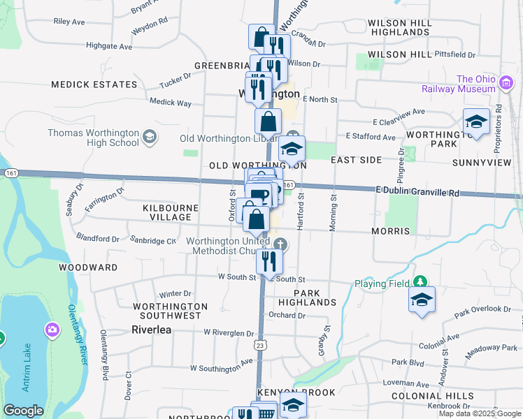 map of restaurants, bars, coffee shops, grocery stores, and more near 24 West New England Avenue in Worthington