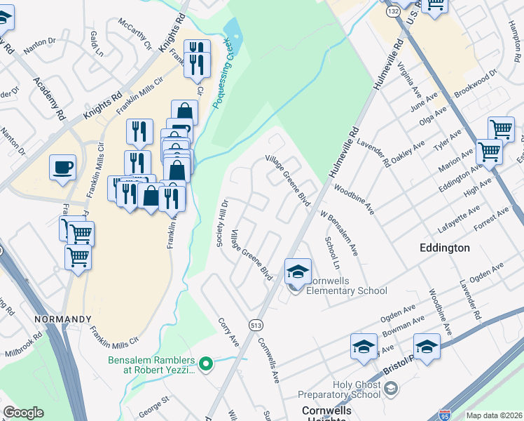 map of restaurants, bars, coffee shops, grocery stores, and more near 1432 Custom House Square in Bensalem