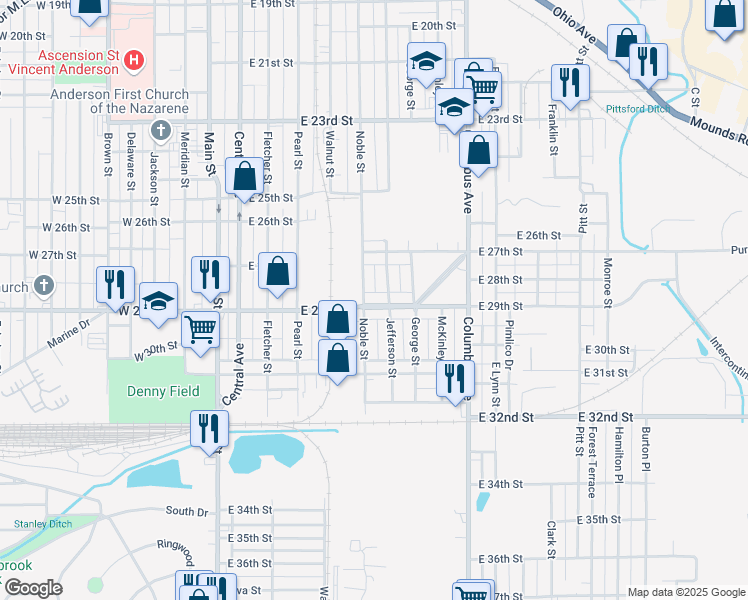 map of restaurants, bars, coffee shops, grocery stores, and more near 610 East 29th Street in Anderson
