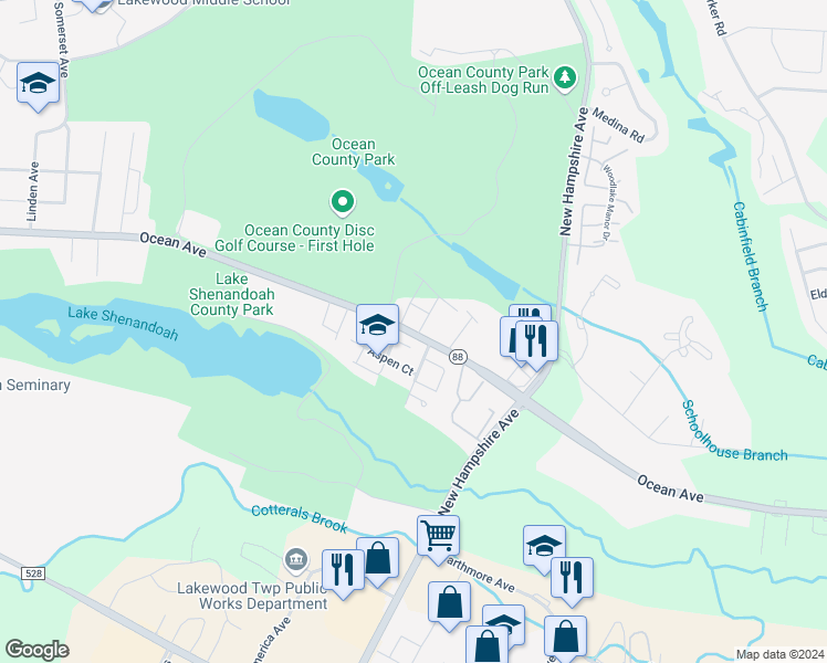 map of restaurants, bars, coffee shops, grocery stores, and more near 889 Ocean Avenue in Lakewood Township