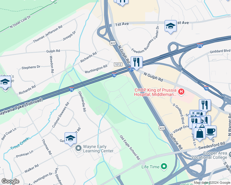 map of restaurants, bars, coffee shops, grocery stores, and more near 291 Drummers Lane in Wayne