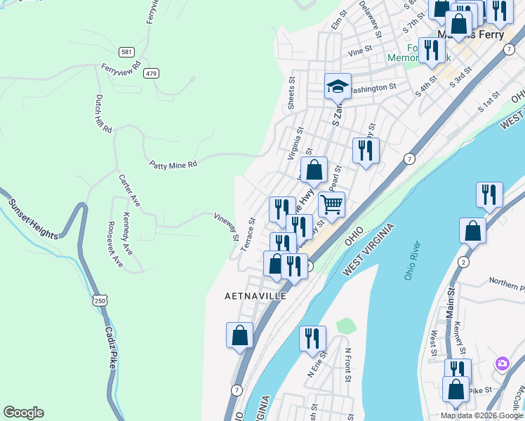 map of restaurants, bars, coffee shops, grocery stores, and more near 1210 Virginia Street in Martins Ferry