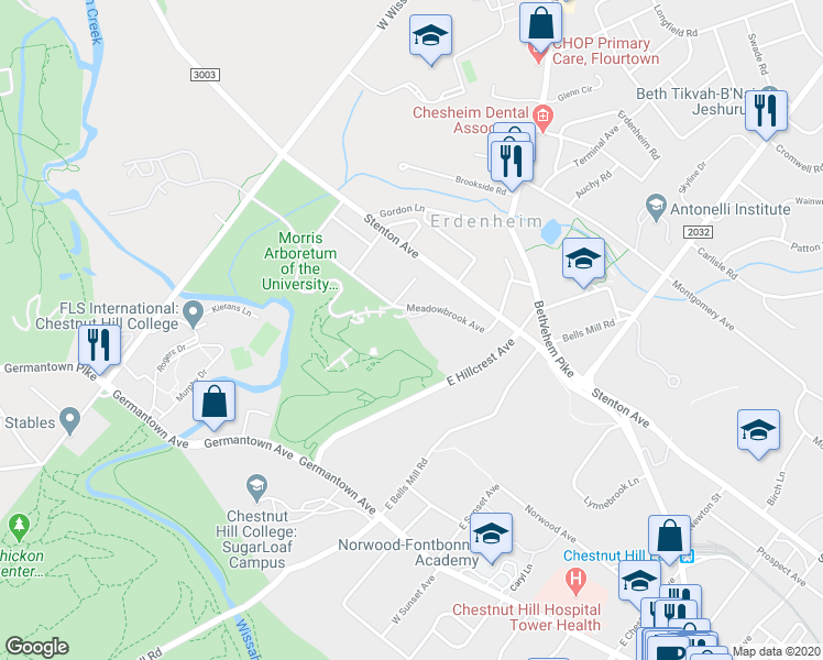 map of restaurants, bars, coffee shops, grocery stores, and more near 9414 Meadowbrook Avenue in Philadelphia