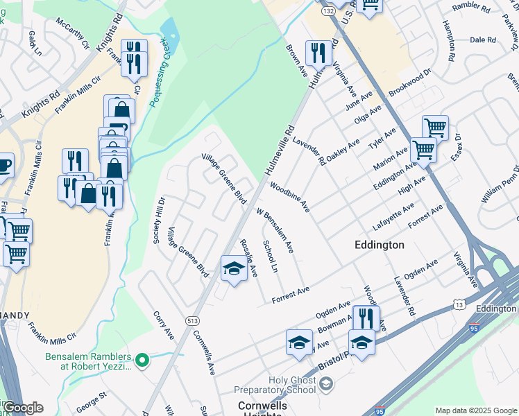 map of restaurants, bars, coffee shops, grocery stores, and more near 1573 West Bensalem Avenue in Eddington
