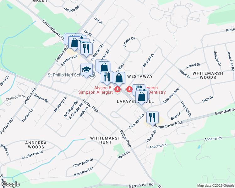 map of restaurants, bars, coffee shops, grocery stores, and more near 600 Germantown Pike in Lafayette Hill