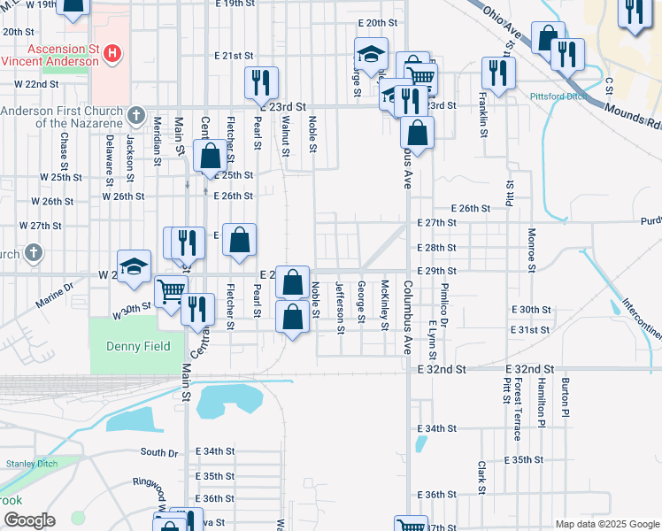 map of restaurants, bars, coffee shops, grocery stores, and more near 622 East 29th Street in Anderson