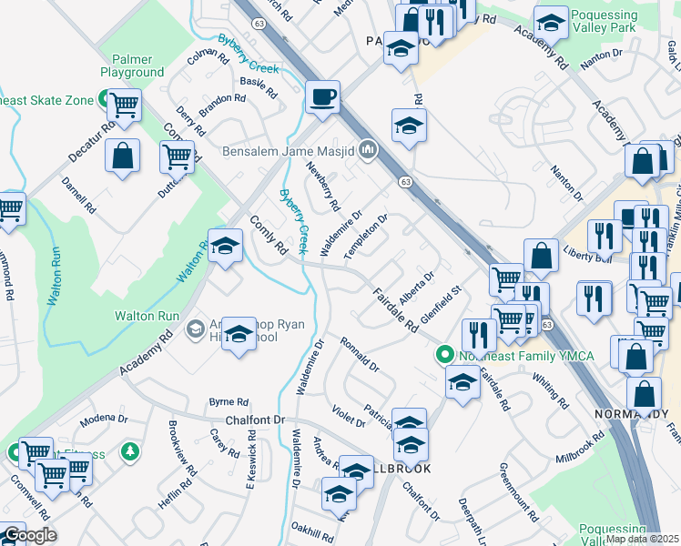 map of restaurants, bars, coffee shops, grocery stores, and more near 3810 Fairdale Road in Philadelphia