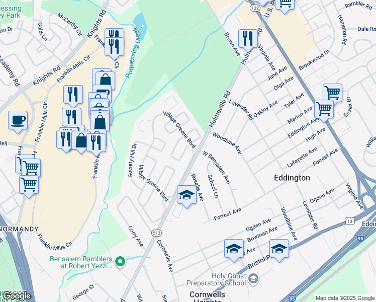 map of restaurants, bars, coffee shops, grocery stores, and more near 2438 New Market Square South in Bucks County