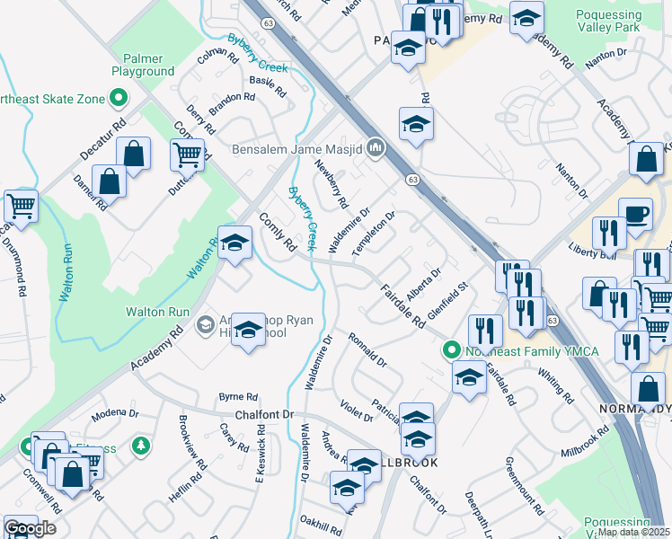 map of restaurants, bars, coffee shops, grocery stores, and more near 11823 Waldemire Drive in Philadelphia