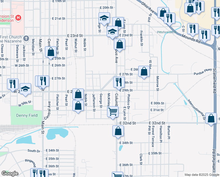 map of restaurants, bars, coffee shops, grocery stores, and more near 908 East 29th Street in Anderson
