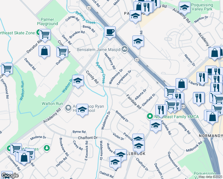map of restaurants, bars, coffee shops, grocery stores, and more near 11823 Waldemire Drive in Philadelphia