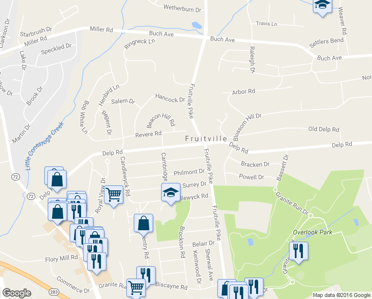 map of restaurants, bars, coffee shops, grocery stores, and more near 422 Delp Road in Lancaster