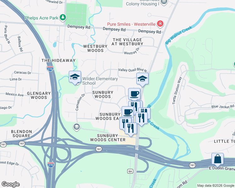map of restaurants, bars, coffee shops, grocery stores, and more near 6332 Cactus Court in Westerville