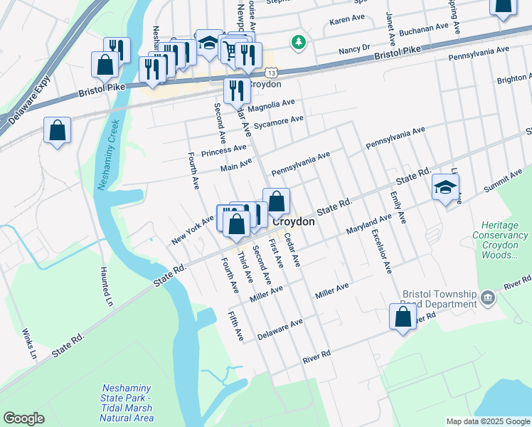 map of restaurants, bars, coffee shops, grocery stores, and more near 719 First Avenue in Croydon