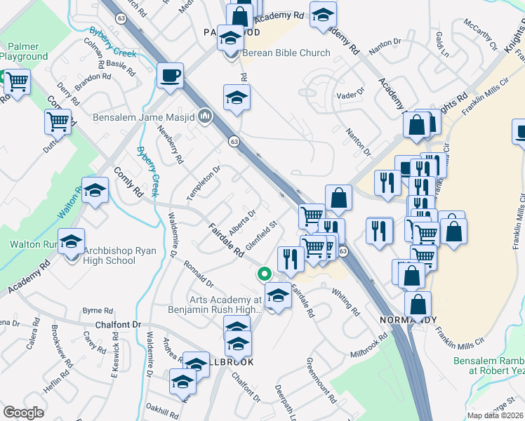 map of restaurants, bars, coffee shops, grocery stores, and more near 3886 Elmore Place in Philadelphia