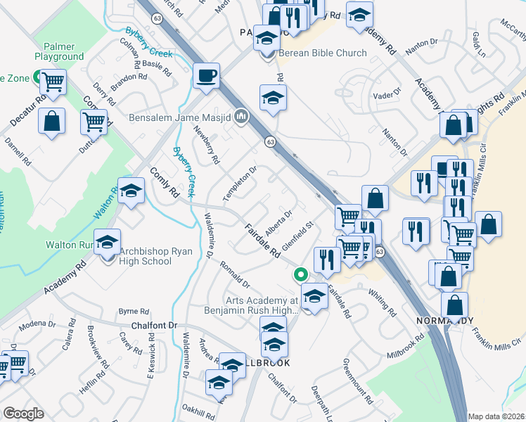 map of restaurants, bars, coffee shops, grocery stores, and more near 12016 Farwell Road in Philadelphia