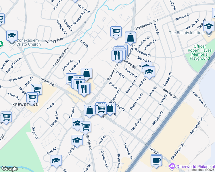 map of restaurants, bars, coffee shops, grocery stores, and more near 9633 Bustleton Avenue in Philadelphia