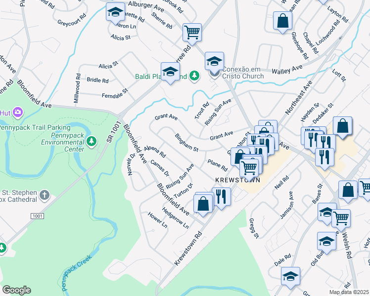 map of restaurants, bars, coffee shops, grocery stores, and more near 1102 Bingham Street in Philadelphia