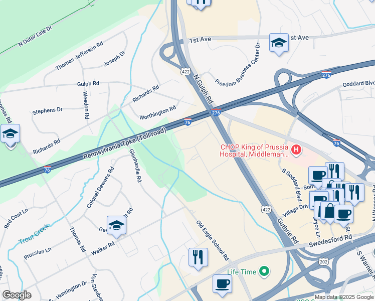 map of restaurants, bars, coffee shops, grocery stores, and more near 286 Drummers Lane in Wayne