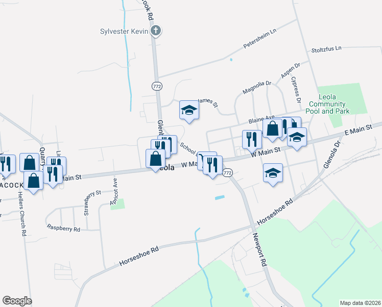 map of restaurants, bars, coffee shops, grocery stores, and more near 8 School Drive in Leacock-Leola-Bareville