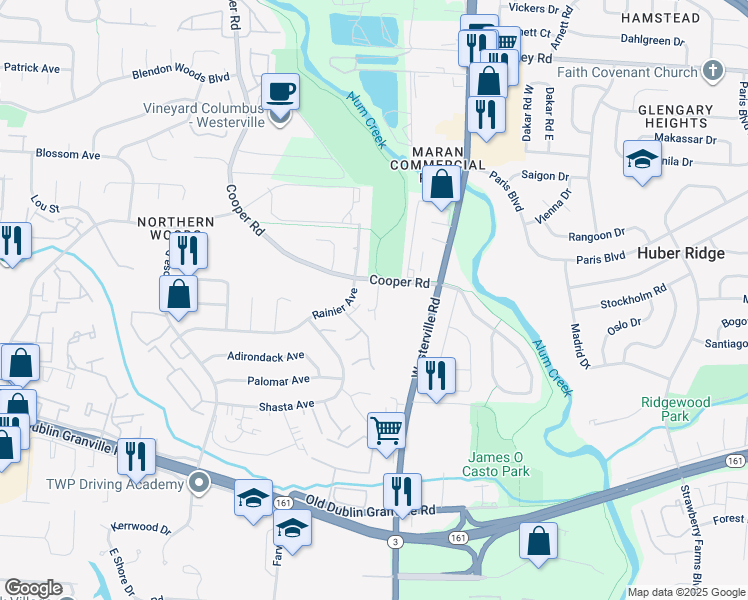 map of restaurants, bars, coffee shops, grocery stores, and more near 5710 Crossing Court in Columbus