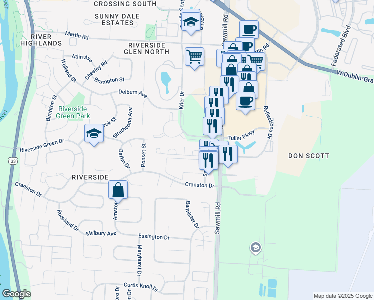 map of restaurants, bars, coffee shops, grocery stores, and more near 2976 Sawdust Lane in Dublin