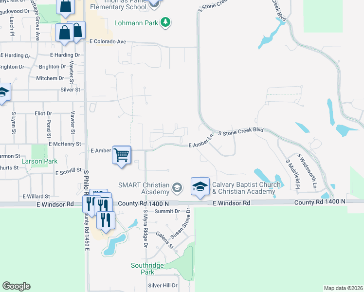 map of restaurants, bars, coffee shops, grocery stores, and more near 2007 East Amber Lane in Urbana