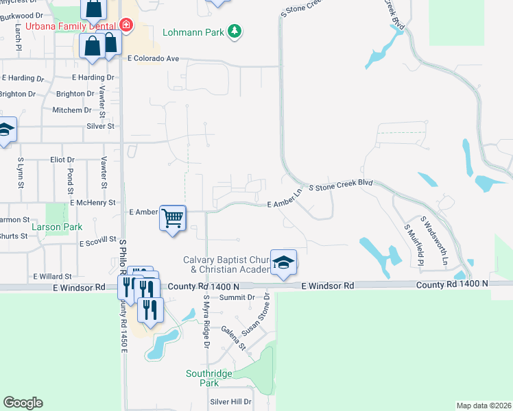 map of restaurants, bars, coffee shops, grocery stores, and more near 2007 East Amber Lane in Urbana