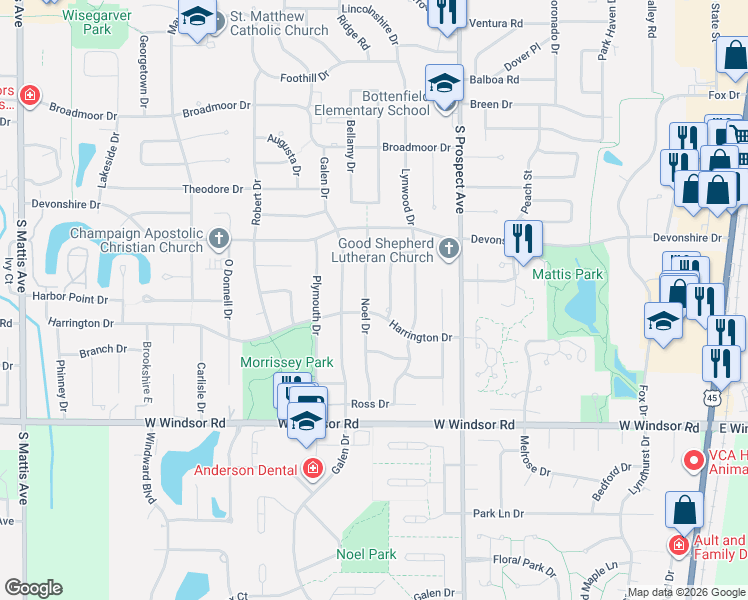 map of restaurants, bars, coffee shops, grocery stores, and more near 1014 Harrington Drive in Champaign